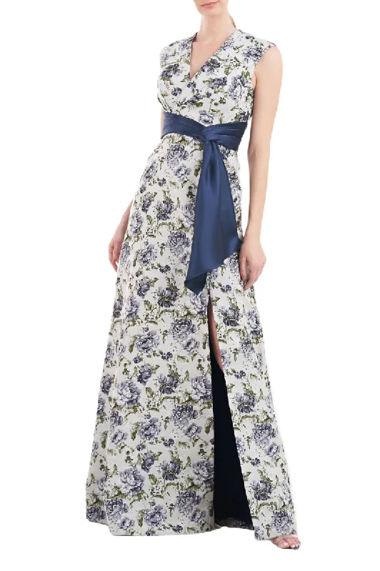 Kay Unger V-Neck Cap Sleeve Wrap Bodice with Pleats Waist Band Fit & Flare Jacquard Dress Tunics Modern contemporary Kay Unger V-Neck Cap Sleeve Wrap Bodice with Pleats Waist Band Fit & Flare Jacquard Dress Tunics Modern contemporary