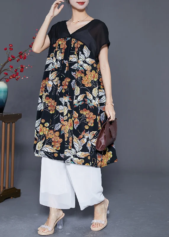 Khaki Patchwork Chiffon Long Dress Leaf Print Summer Tunics Practical easy-care