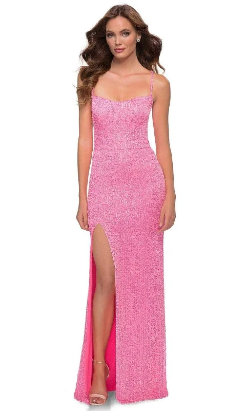 La Femme - 29986 Spaghetti Strappy Open Back Long Dress Pencil Office Professional