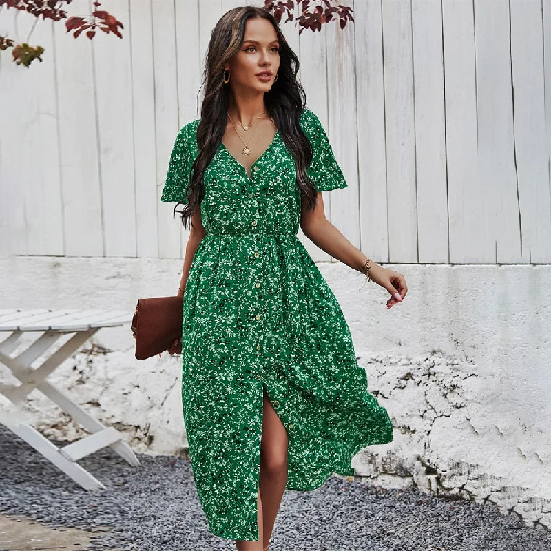 Ladies Vintage Maxi Floral Print Summer Dress Women Slim Casual High Waist Button Bohemian Women Beach Dress Vestidos Female Tunics Chic elegant Ladies Vintage Maxi Floral Print Summer Dress Women Slim Casual High Waist Button Bohemian Women Beach Dress Vestidos Female Tunics Chic elegant