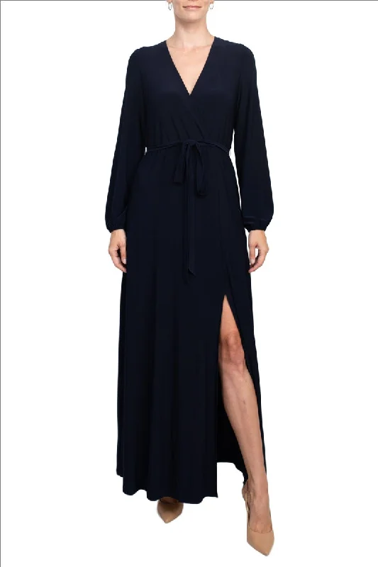 Marina V-Neck Long Sleeve Slit Front Solid Jersey Long Dress Tunics Evening elegant