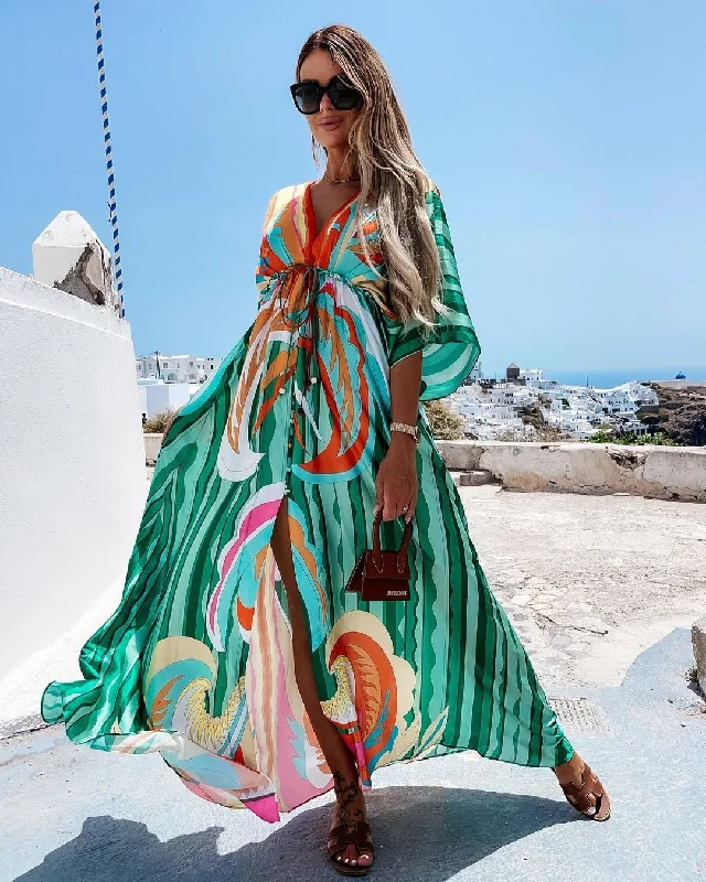 V-neck short sleeve print swing long dress Tunics Short Trendy