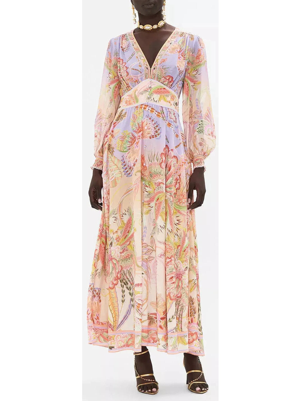 Printed V-Neck Button Dress with Shaped Waistband Tunics Lace romantic