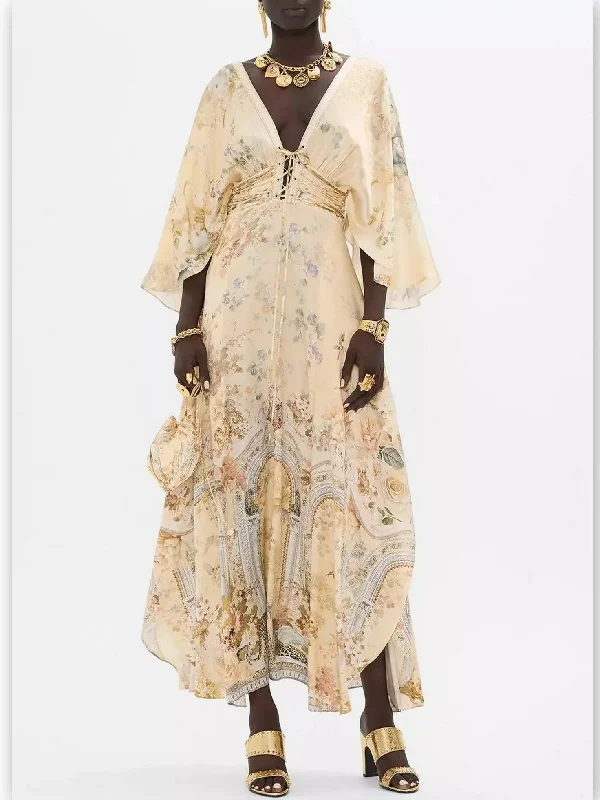 Printed V-Neck Lace-Up Detailed Long Dress Tunics Hiking breathable