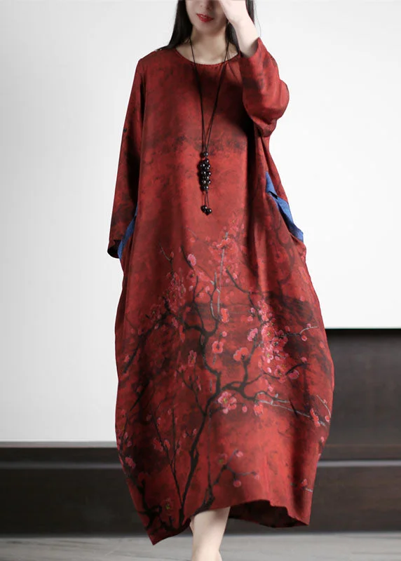 Red Pockets Print Patchwork Silk Long Dresses O Neck Summer Tunics Short Trendy
