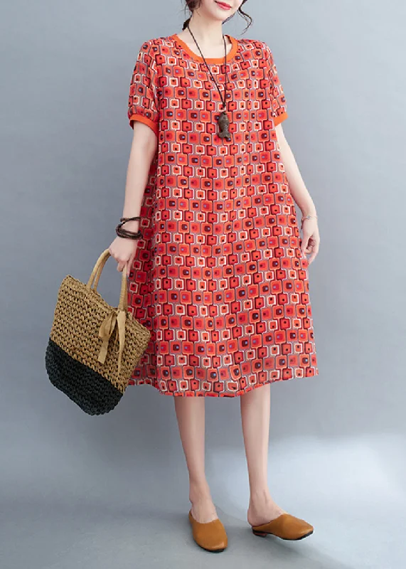 Red Print Chiffon Long Dress O-Neck Oversized Summer sweetheart Neckline Romantic