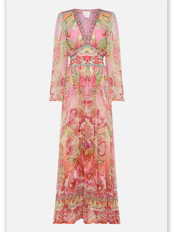 Retro Pink Plunge-V-Neck Gown with Shaped Waistband Tunics Exclusive limited