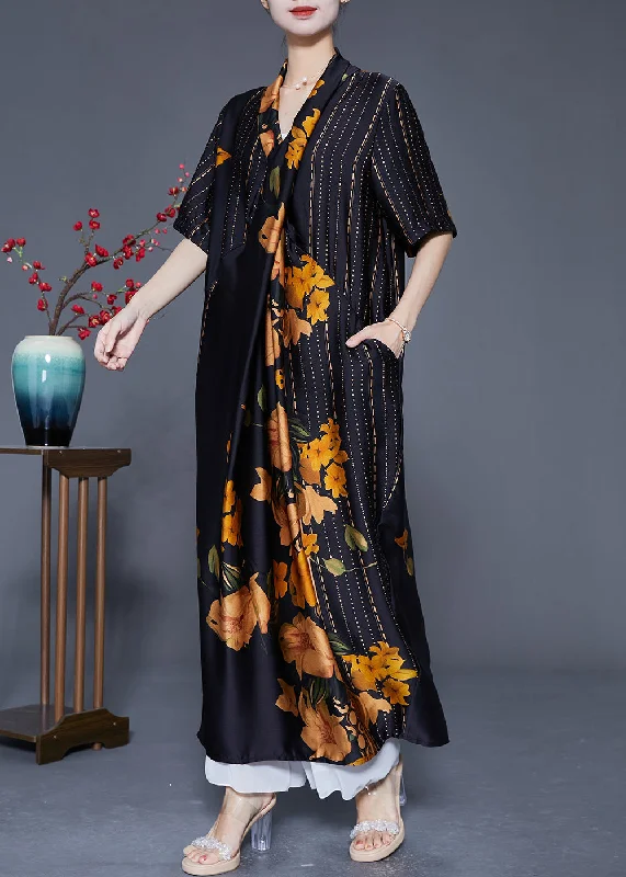 Style Black Asymmetrical Design Print Silk Long Dress Summer Tunics Leisure comfortable Style Black Asymmetrical Design Print Silk Long Dress Summer Tunics Leisure comfortable