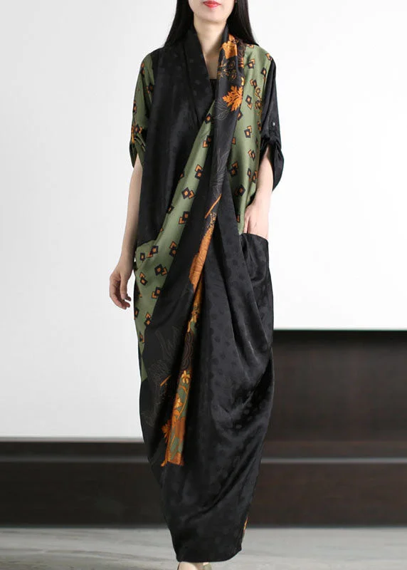 Style Black Green Pockets Print Wrinkled Patchwork Silk Long Dresses Summer Tunics stripes playful Style Black Green Pockets Print Wrinkled Patchwork Silk Long Dresses Summer Tunics stripes playful