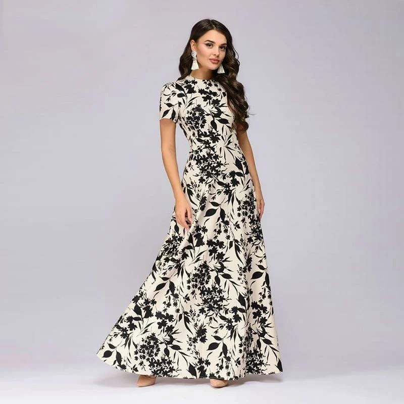 Summer Short Sleeve Floral Print Boho Long Dress Halter Neckline Beach