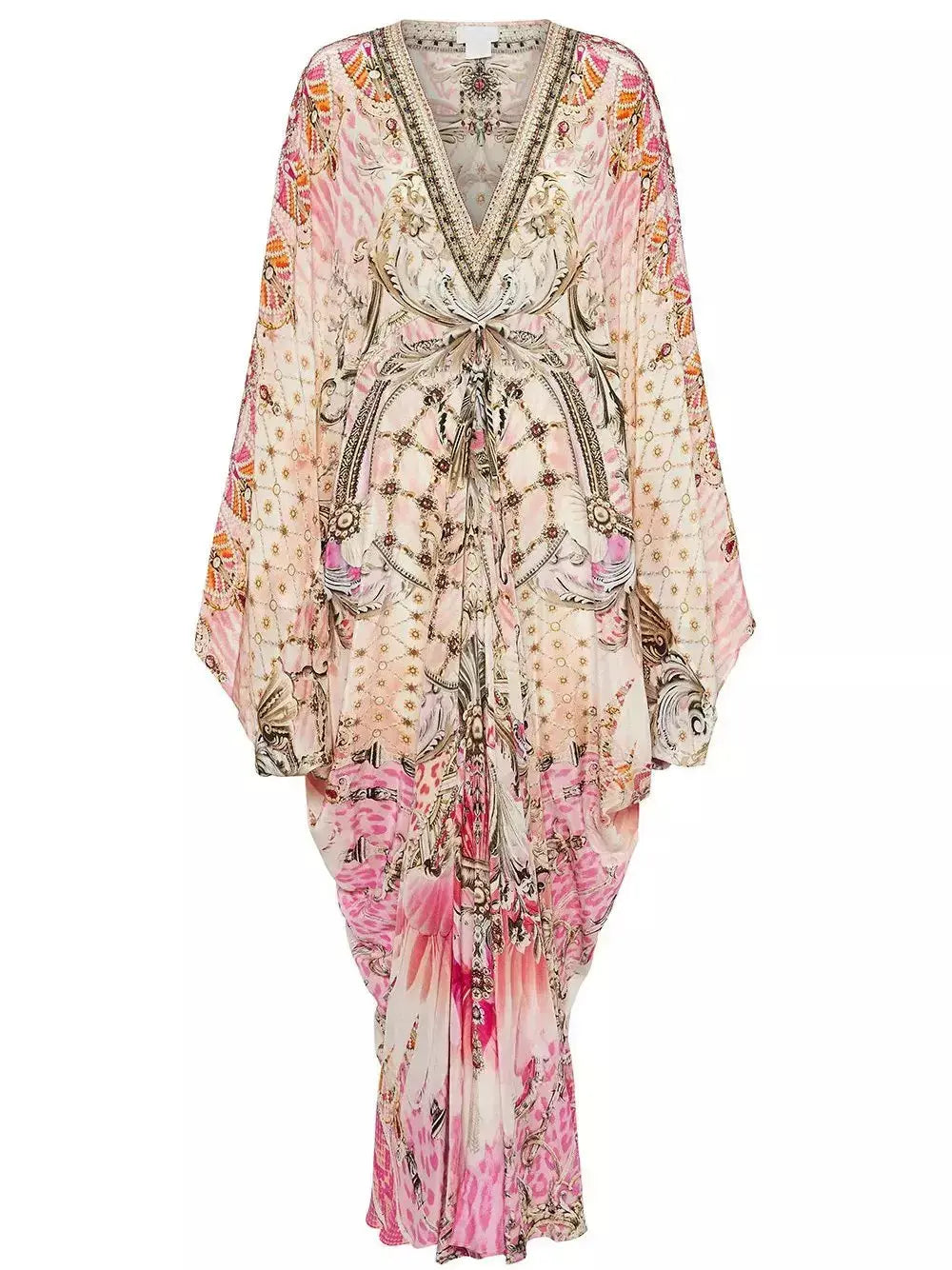 Tie-Waist Print V-Neck Silk Kaftan Dress in Pink Shades Tunics Occasion special