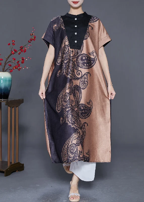 Vintage Colorblock Stand Collar Print Silk Long Dresses Summer Tunics Chinos classic Vintage Colorblock Stand Collar Print Silk Long Dresses Summer Tunics Chinos classic