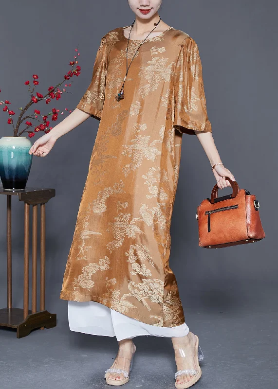 Vintage Yellow O-Neck Jacquard Silk Long Dresses Summer Tunics Handmade artisanal