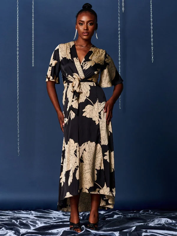 Willow Satin Wrap Tie Waist Dress, Black/White A-Line Day Work