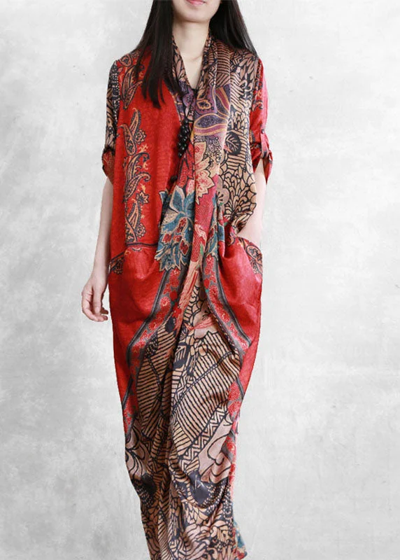 Women Red Asymmetrical Pockets Print Patchwork Silk Long Dress Summer Tunics Sophisticated sleek