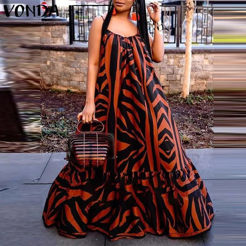 Women Summer Dress 2023 VONDA Vintage Ruffle Print Party Maxi Long Dress Women Elegant Sundress Sexy Sleeveless Party Femme Robe Halter Neckline Beach Women Summer Dress 2023 VONDA Vintage Ruffle Print Party Maxi Long Dress Women Elegant Sundress Sexy Sleeveless Party Femme Robe Halter Neckline Beach