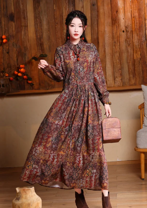 women's fashionable printed lapel long dress Tunics Fall fleece