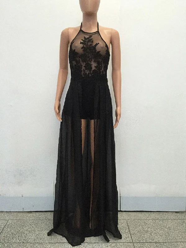 Elegant Floral Embroidery Maxi Skirt Romper 2022 Sexy Backless Chiffon Short Jumpsuits Overalls for Women Playsuit Loose Relaxed Jumpsuit