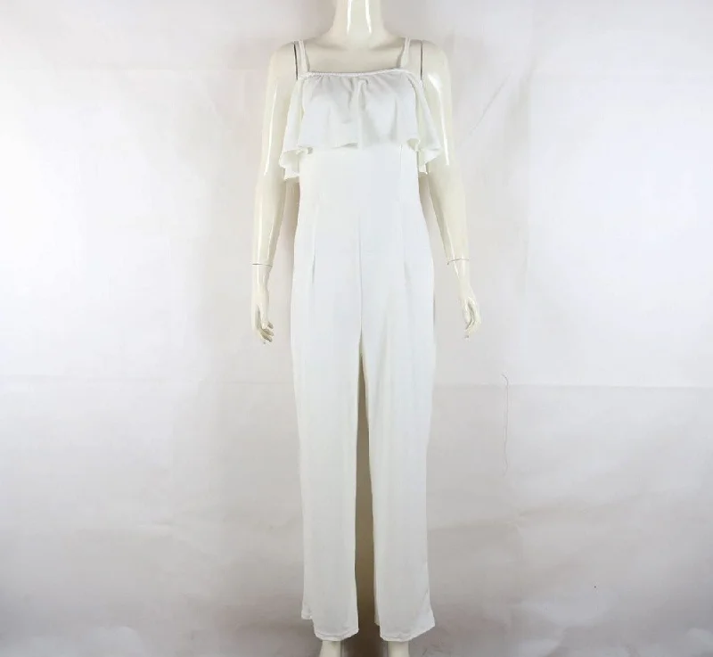 Off the shoulder wide leg jumpsuit Women solid ruffles maxi jumpsuits 2022 Summer high waist pants Overalls female long rompers Sporty Drawstring Overalls