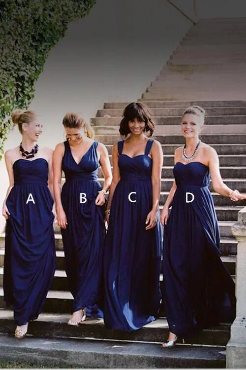 A-line Dark Blue Bridesmaid Long Dress Chiffon Gown for Wedding Parties Tunics Leisure comfortable