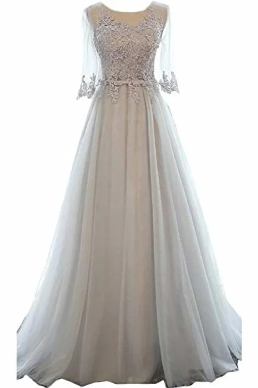 A-Line Mid-Length Sleeves Round Neck Lace Tulle Ball Gown Beading Evening Long Dress Tunics Short Trendy