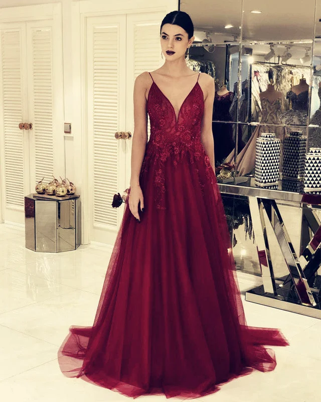 A-line V-Neck Tulle Prom Long Dresses Lace Embroidery Tunics Running lightweight