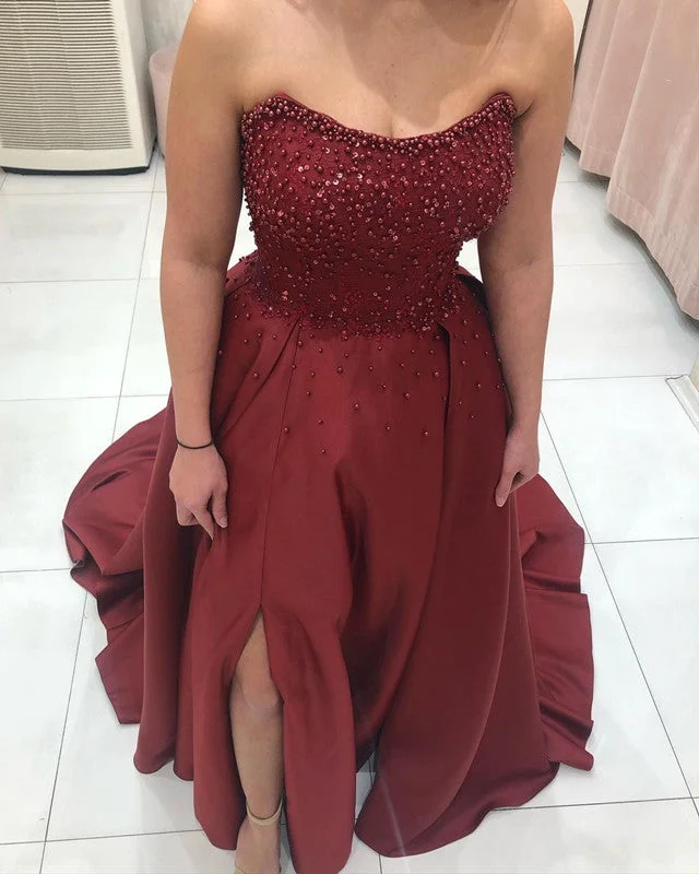 Beaded Strapless High Slit Satin Prom Long Dresses Tunics Denim casual