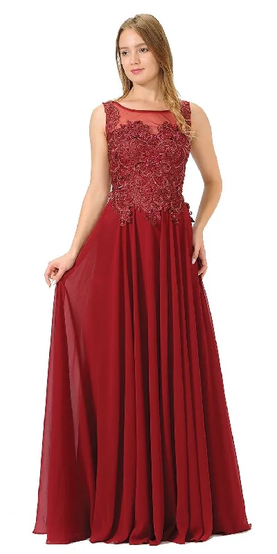 Poly USA 7644 Appliqued Illusion Bodice A-Line Long Dress Floral Print girly