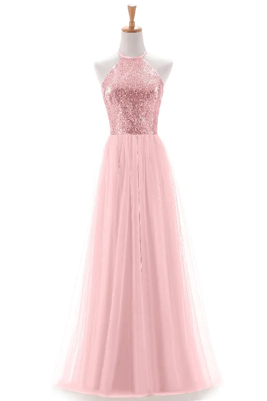 Sequins and Tulle Halter Long Dress Rose Gold Tunics Seasonal trendy