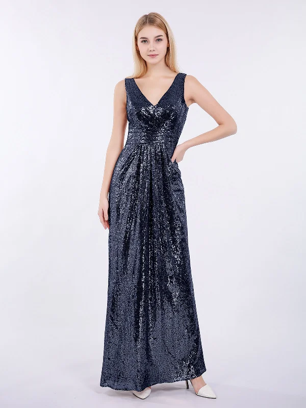 Sheath V neck Sequins Long Dress Dark Navy A-Line Day Work