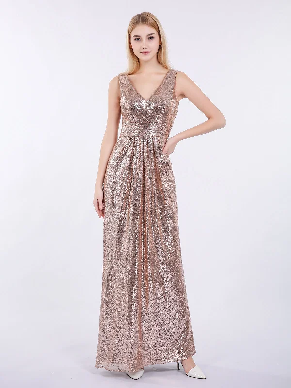 Sheath V neck Sequins Long Dress Metallic Gold Tunics Office stylish