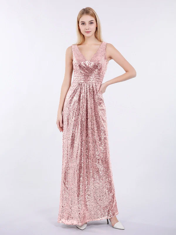 Sheath V neck Sequins Long Dress Rose Gold Tunics Winter warm