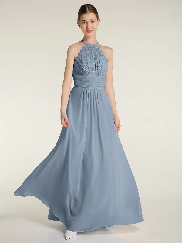 Halter Chiffon And Lace Long Dresses Dusty Blue Off-the-shoulder Chic Trendy