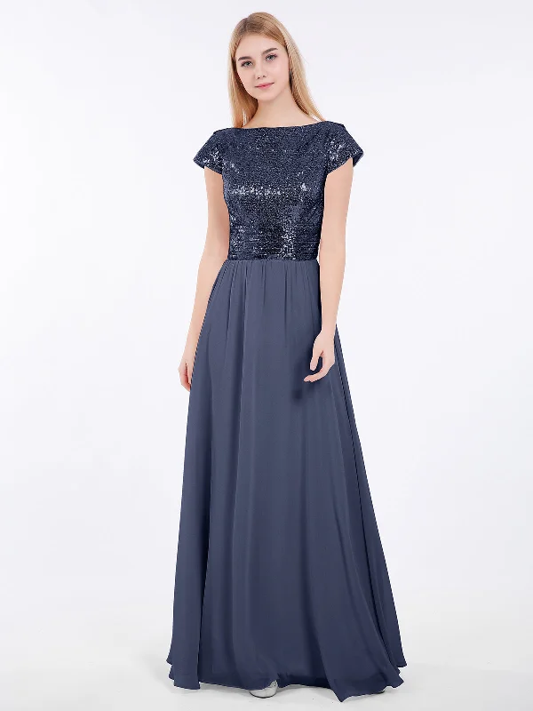 Sequins Long Dress with Cap Sleeves Dark Navy Tunics Bridal satin