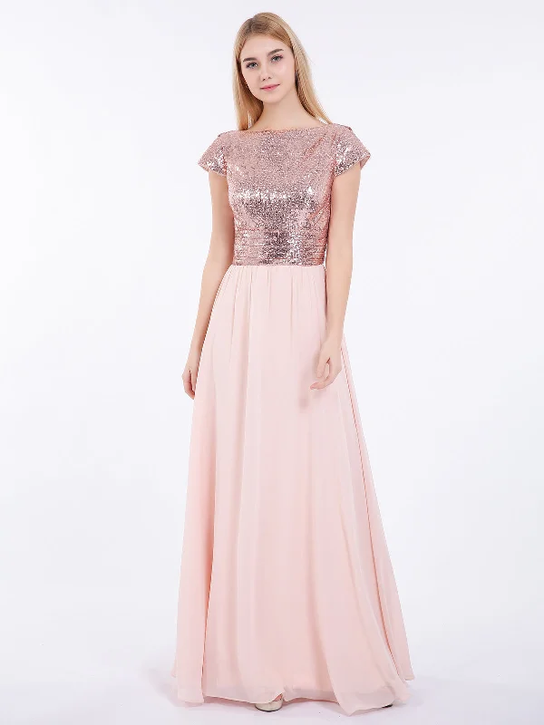 Sequins Long Dress with Cap Sleeves Rose Gold Off-the-shoulder Chic Trendy