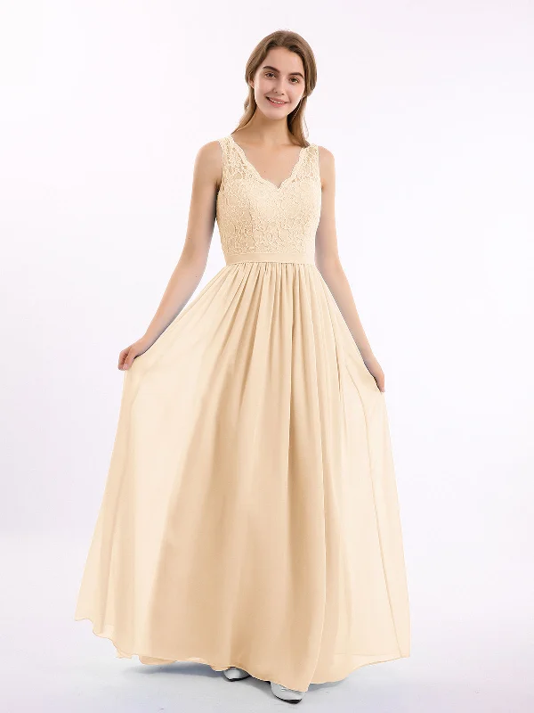 Lace Top and Chiffon Bottom Long Dresses Peach Off-the-shoulder Chic Trendy