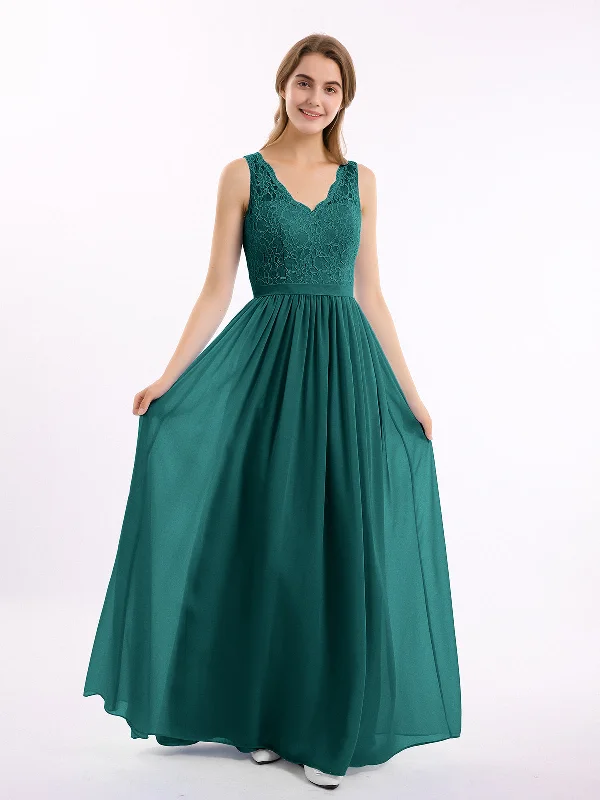Lace Top and Chiffon Bottom Long Dresses Peacock A-Line Day Work
