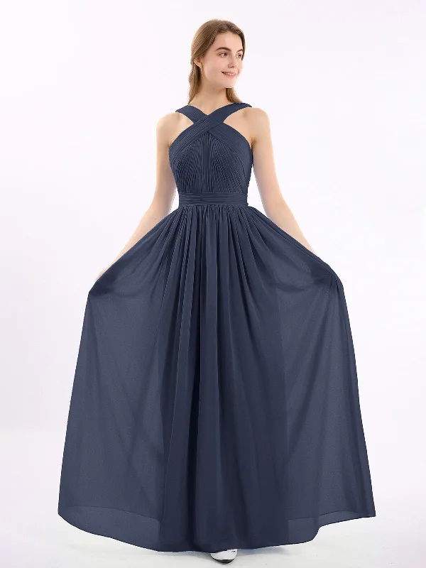 Cross Front Chiffon Long Dress with Bow Dark Navy Tunics Corduroy durable