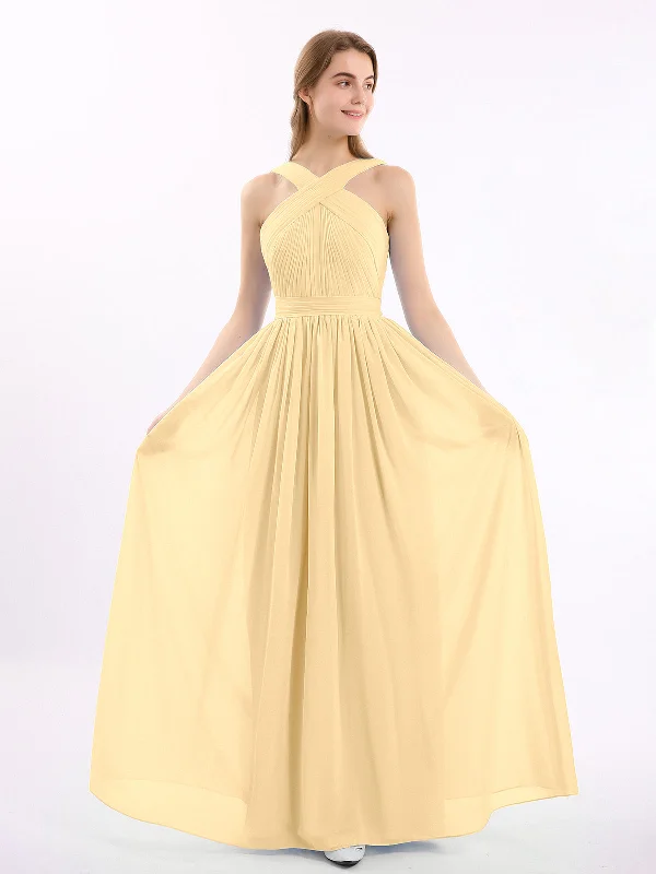 Cross Front Chiffon Long Dress with Bow Gold Casual Short Summer