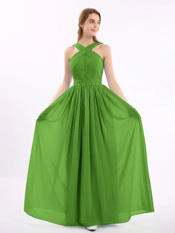Cross Front Chiffon Long Dress with Bow Moss Square Neckline Feminine