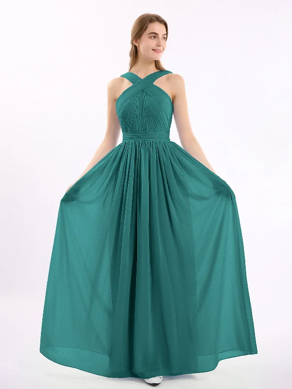 Cross Front Chiffon Long Dress with Bow Peacock Maxi Flowy Bohemian
