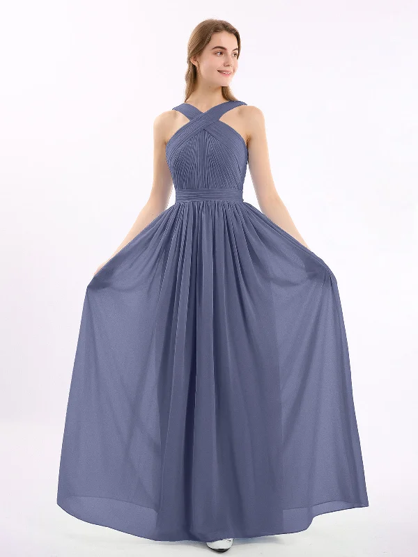 Cross Front Chiffon Long Dress with Bow Stormy Pencil Office Professional
