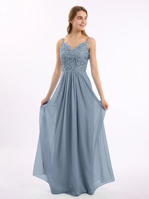 Lace and Chiffon Long Dresses with Spaghetti Straps Dusty Blue Tunics Stylish modern