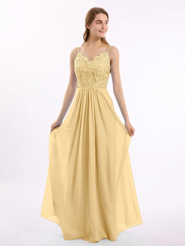 Lace and Chiffon Long Dresses with Spaghetti Straps Gold Tunics Practical easy-care