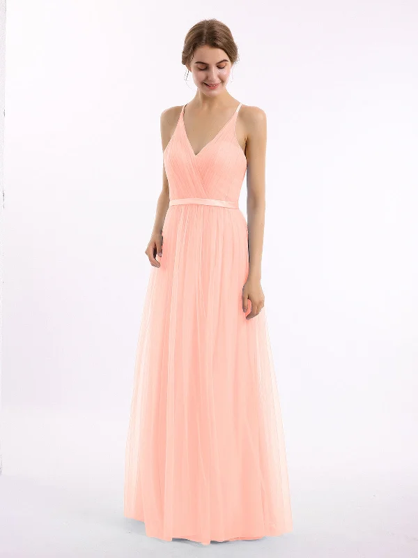 V Neck Tulle Long Dresses with Satin Sash Coral Boatneck Modish Everyday
