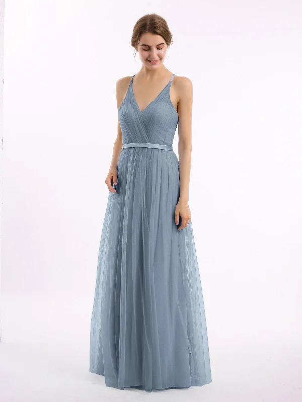 V Neck Tulle Long Dresses with Satin Sash Dusty Blue Tunics Handmade artisanal