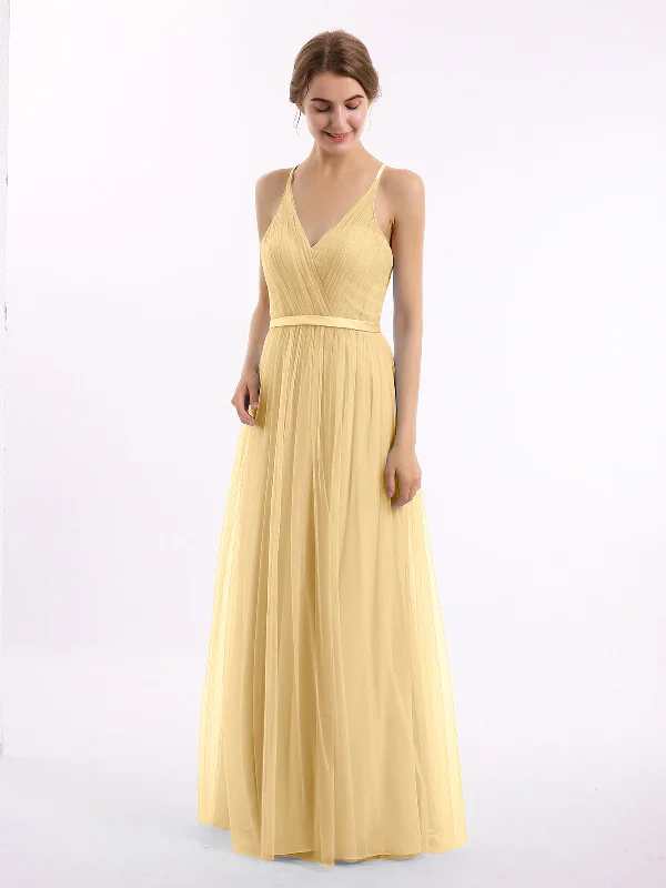 V Neck Tulle Long Dresses with Satin Sash Gold Tunics Hiking breathable