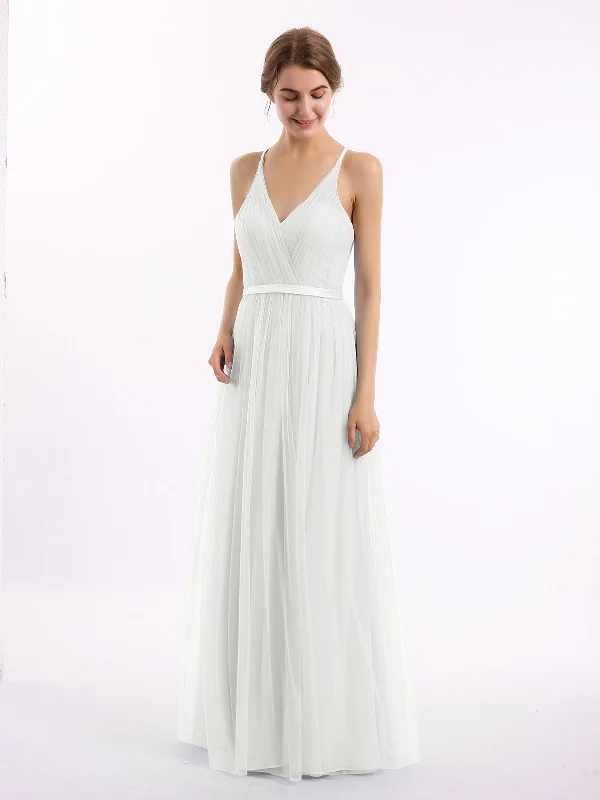 V Neck Tulle Long Dresses with Satin Sash Ivory Tunics Business professional