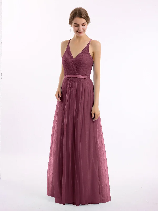 V Neck Tulle Long Dresses with Satin Sash Mulberry Tunics Sophisticated sleek