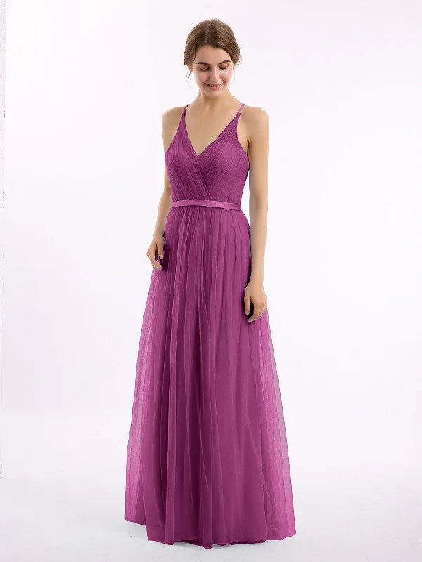 V Neck Tulle Long Dresses with Satin Sash Orchid Tunics Evening elegant
